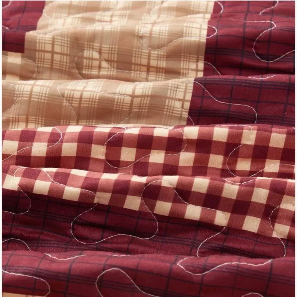Farmhouse Primitive Burgundy Star Plaid Printed King Quilt Set Cottagecore